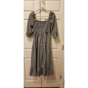Women Jellycode Black White Gingham Check Puff Sleeve Smocked Midi Dress Size S
